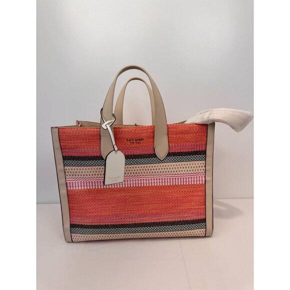 NWOT Kate Spade New York Market Stripe Tote Bag Woven Canvas & Leather Handles B - Picture 5 of 11